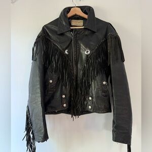 *THE COOLEST* Vintage Black Worn Leather Fringe Motorcycle Jacket 70s size M